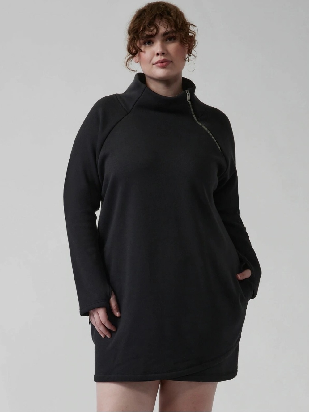 Athleta Cozy Karma Asymmetrical Zip Sweatshirt Dress Black Small